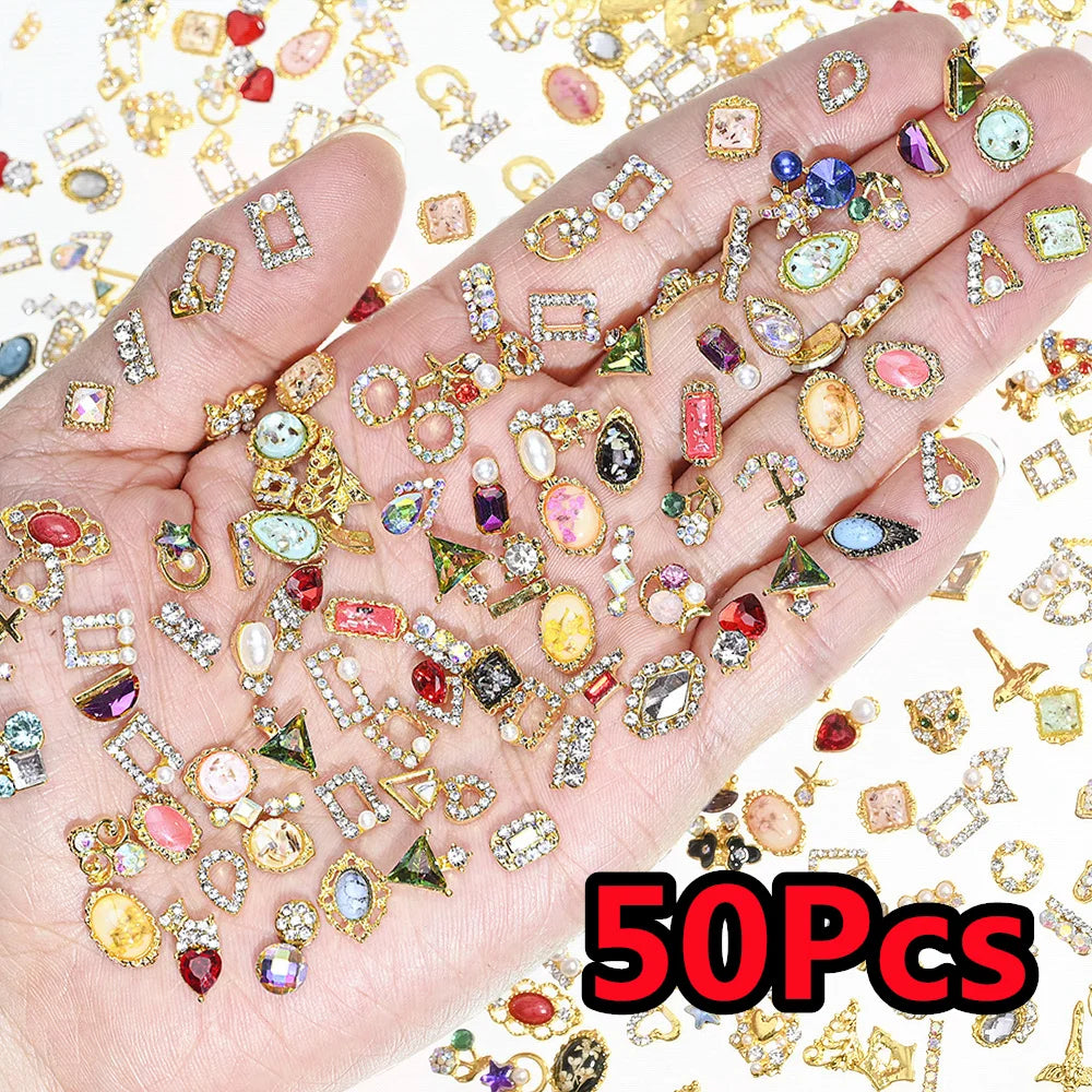 50Pcs 3D Silver Bowknot/Crown Metal Nail Charms With Tassel Pendant Butterfly Nail Art Decoration Mixed Shiny Manicure Supplies