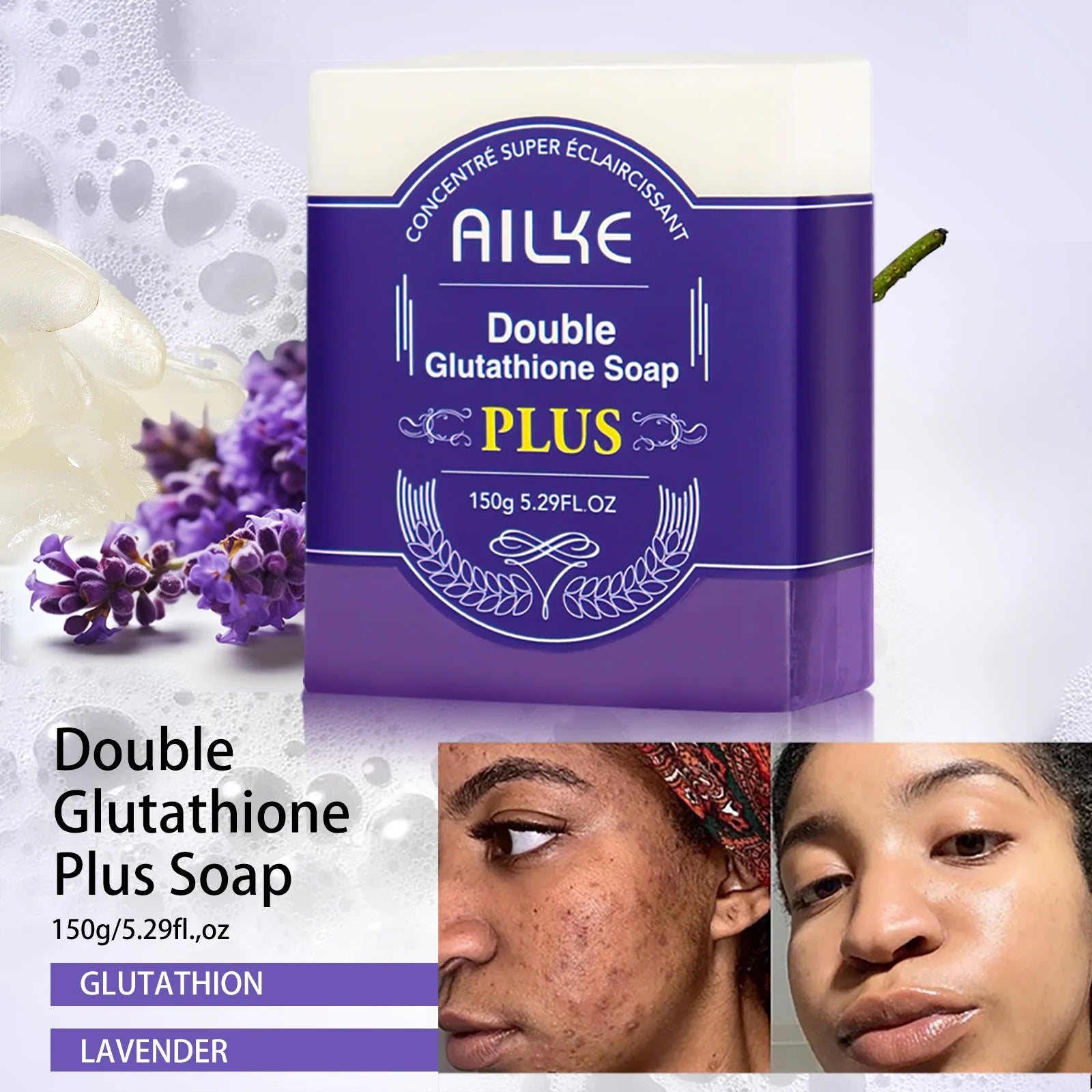 AILKE Double Glutathione Whitening Soap Bar, Natural Lavender Scent, For Face, Body, Reduce Dark Spots, Clean Skin, 150g/5.3 oz