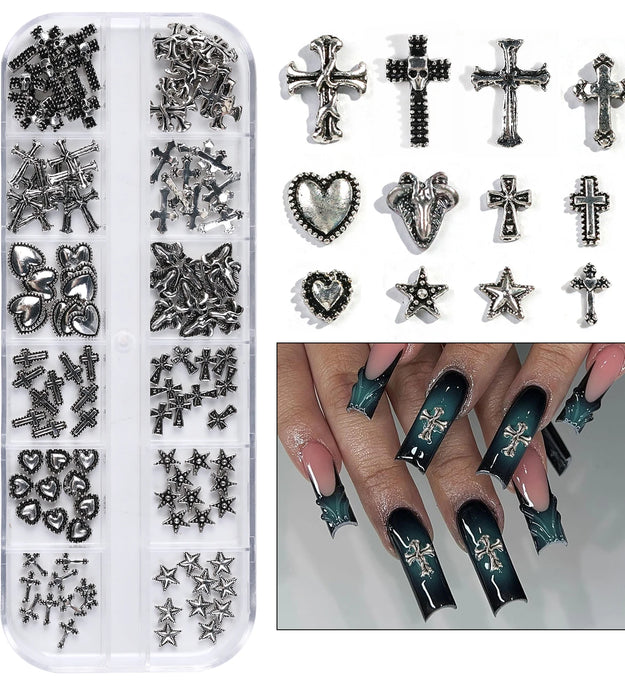 12 Gothic Punk Retro Dark Nail Jewellery 3D Cross Heart Devil Angel Nail Rhinestone Accessories DIY Glamour Nail Decoration