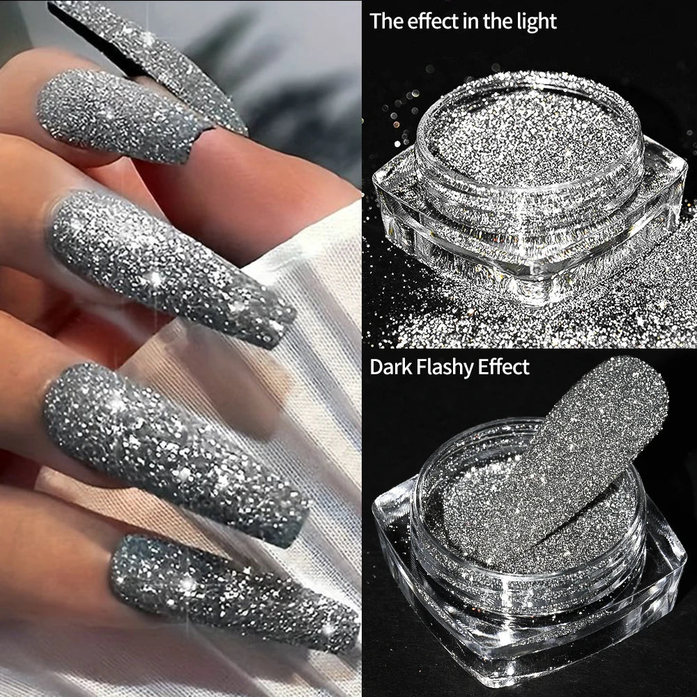 1box Shiny Reflective Diamond Nail Glitter Powder Silver Holographic Micro Drill Dazzling Crystal Gel Polish Manicure Pigment Du