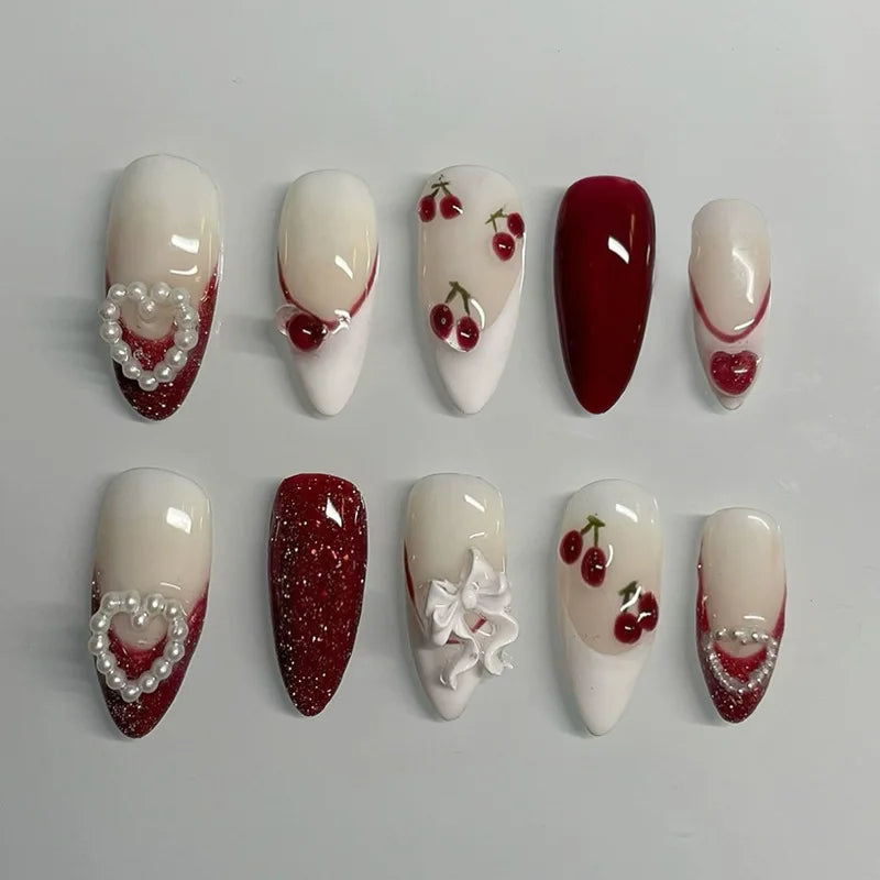24PCS Wine Red Almond Press on Nails Cartoon Rabbit Bowknot with Plaid Pearl Designs French Fake Nails for Girls Detachable Nail