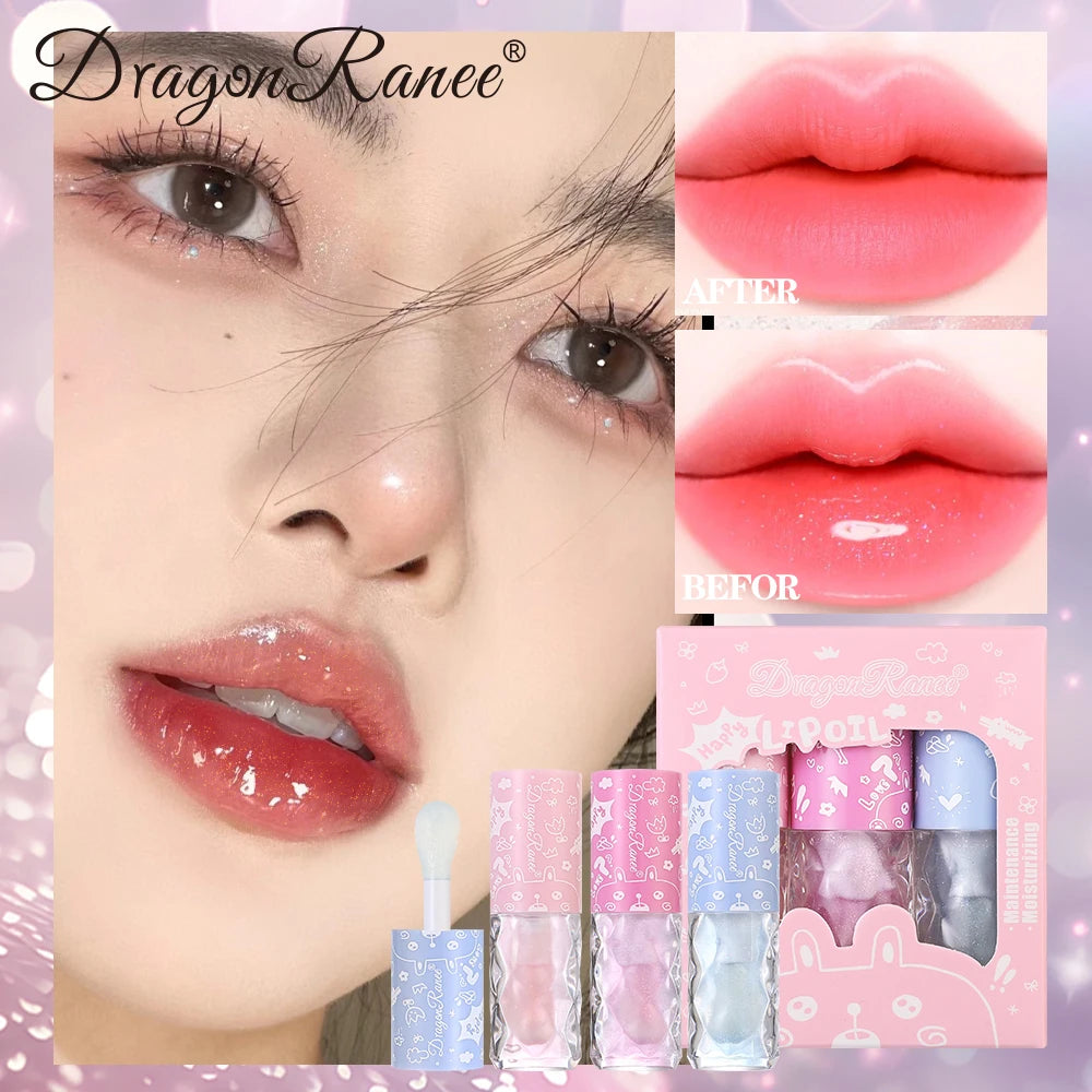 Three Lip Oil Set, Water-Glossy Mirror Moisturizing Lip Gloss, Hydrating and Coloring, Autumn and Winter Lip Gloss, Moisturizing, Versatile Whitening Lip Oil