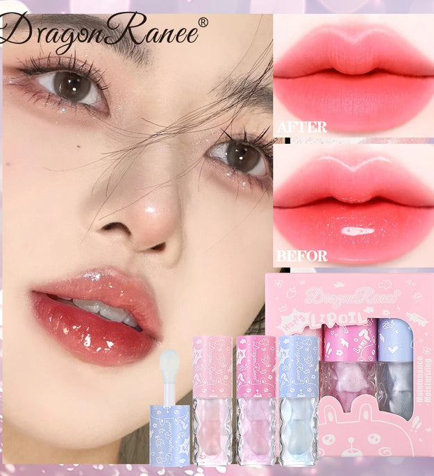 Three Lip Oil Set, Water-Glossy Mirror Moisturizing Lip Gloss, Hydrating and Coloring, Autumn and Winter Lip Gloss, Moisturizing, Versatile Whitening Lip Oil
