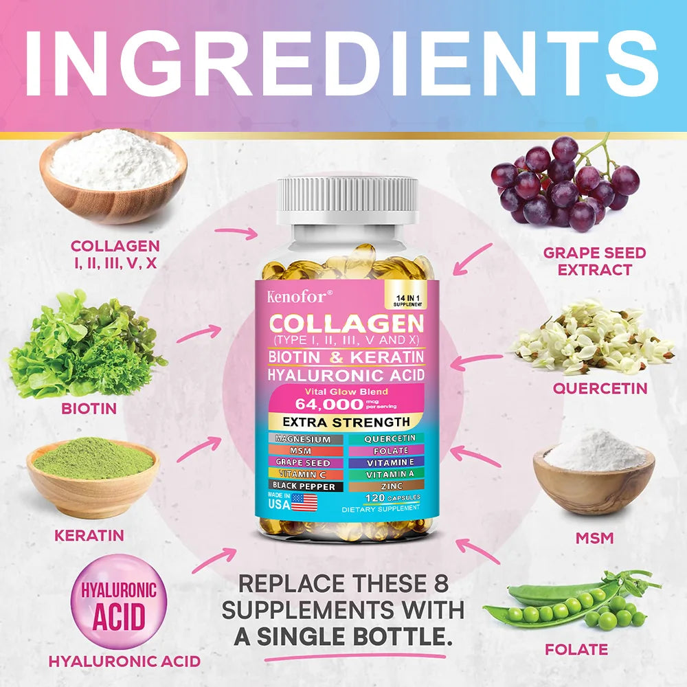 Kenofor Collagen 1000mg with Biotin 10,000mcg, Keratin Hyaluronic Acid Vitamin C Healthy Formula Dietary Supplement Gluten Free