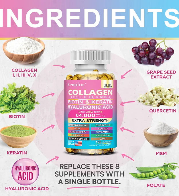 Kenofor Collagen 1000mg with Biotin 10,000mcg, Keratin Hyaluronic Acid Vitamin C Healthy Formula Dietary Supplement Gluten Free