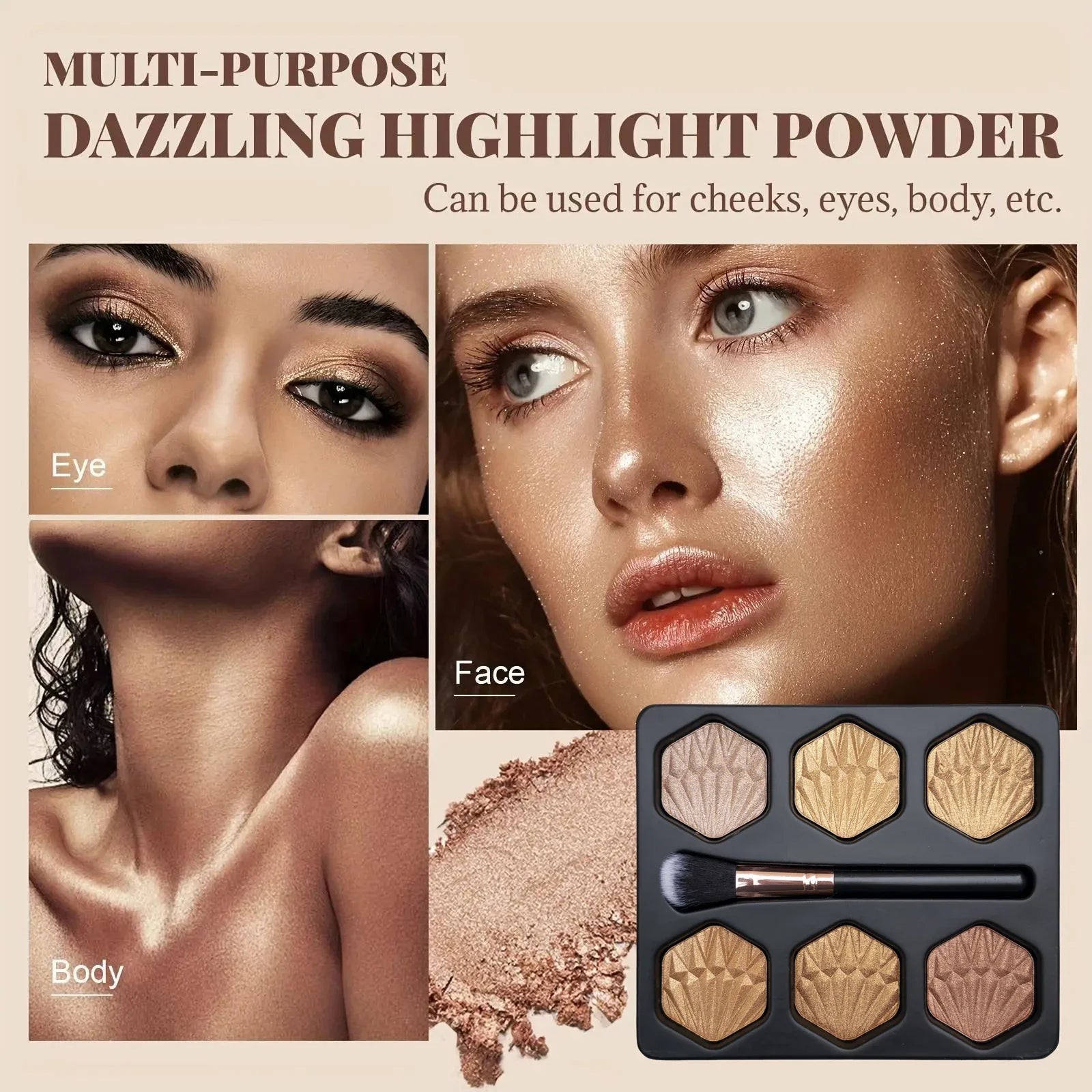 6-Color Bronzed Fine Glitter Highlighter Palette - Eyeshadow Brush Included Contour Highlighter Sculpts Facial Bones