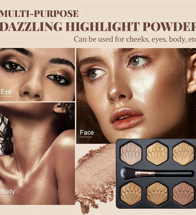6-Color Bronzed Fine Glitter Highlighter Palette - Eyeshadow Brush Included Contour Highlighter Sculpts Facial Bones