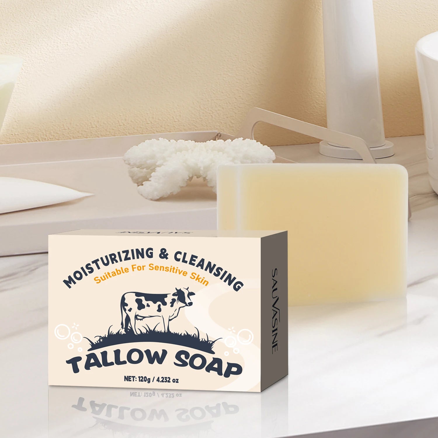 120g Handmade Beef Tallow Soap Bar Face & Body Wash Skin Moisturizer Smooth Natural Grass Fed Tallow Soap for Sensitive Skin
