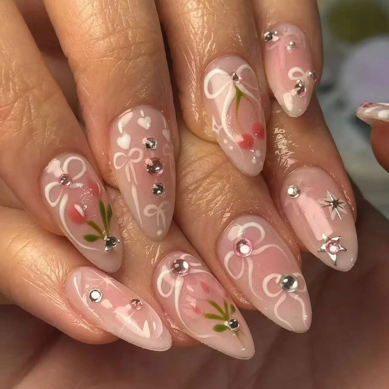 24PCS Wine Red Almond Press on Nails Cartoon Rabbit Bowknot with Plaid Pearl Designs French Fake Nails for Girls Detachable Nail