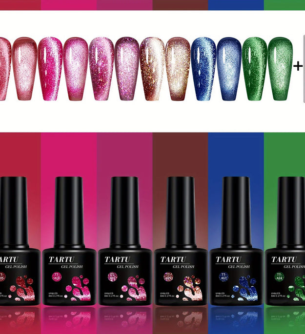 TARTU 6pcs 8ml Cat Eye Gel Nail Polish Set, 6 Colors Gel Polish Kit, Soak Off for Uv/Led, for Salon and Nail Art DIY At Home