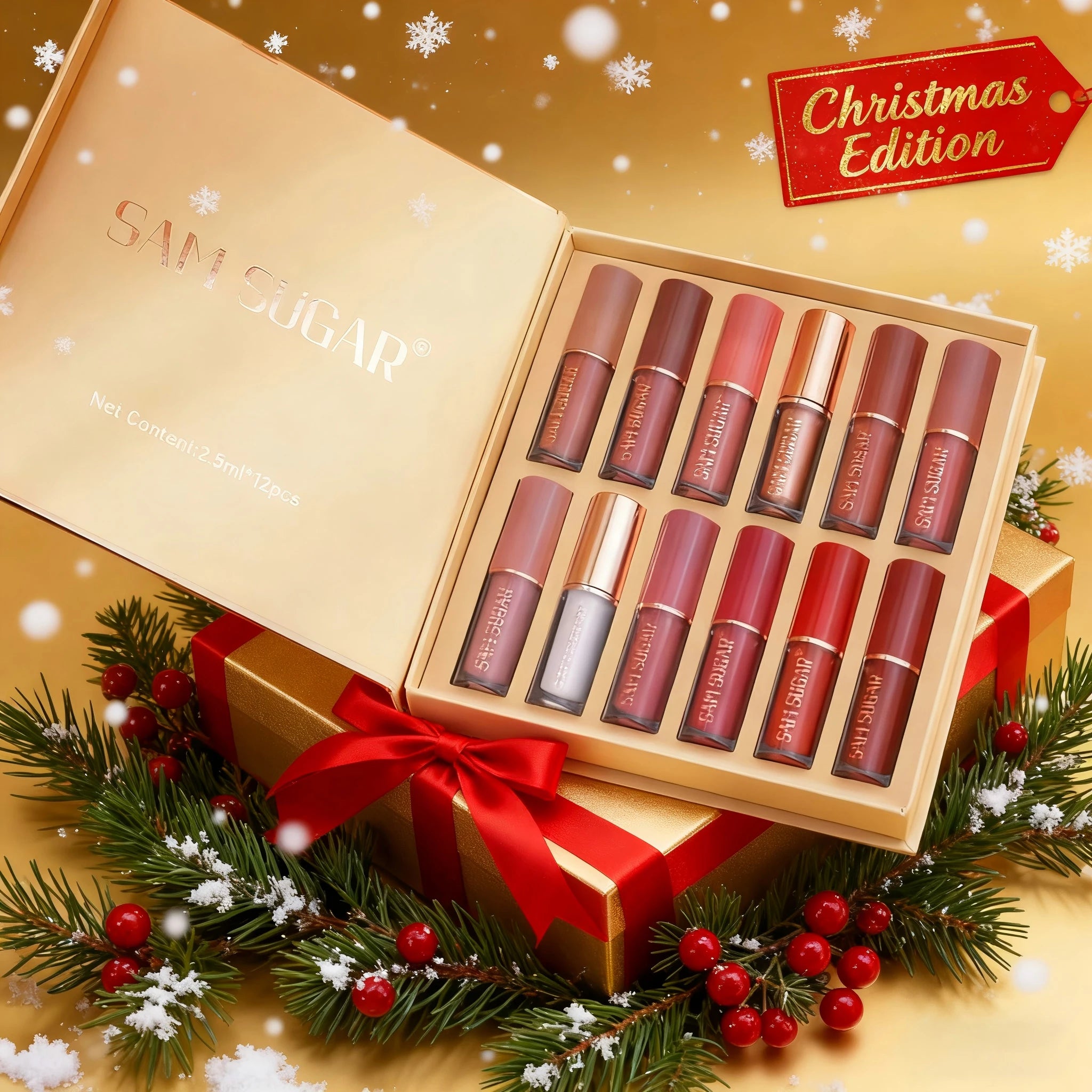 SAM SUGAR 12-Color Lip Gloss Lipstick Set Liquid Matte Velvet Women's Makeup Long-Lasting Waterproof Christmas gift