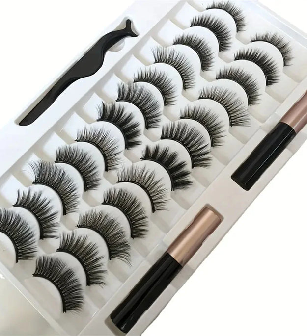 12 pairs of magnetic false eyelash sets, with eyeliner, natural makeup effect, reusable, curling magnetic eyelash sets