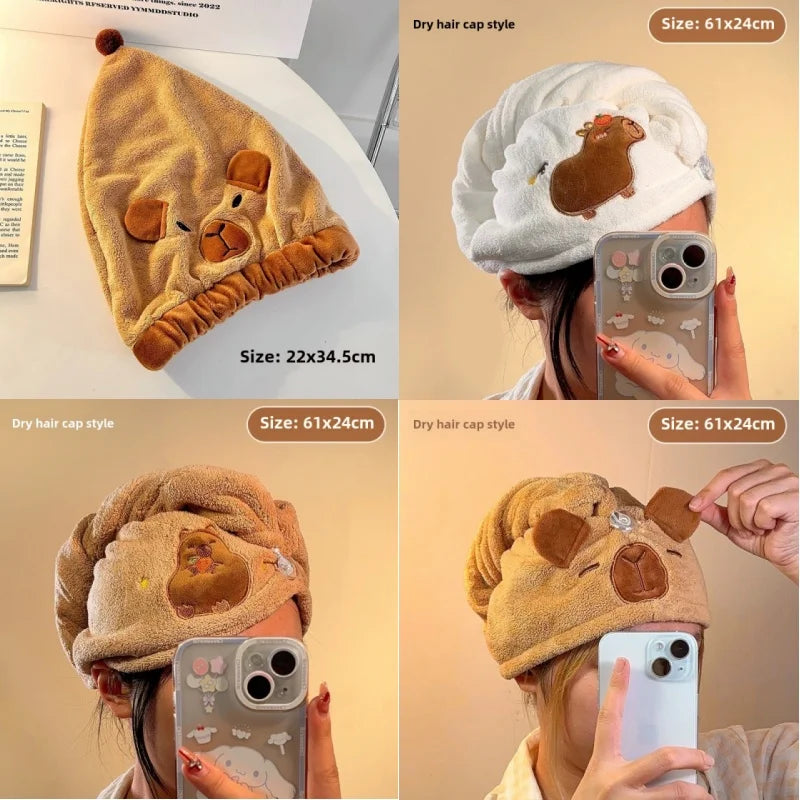 Capybara Dry Hair Cap Coral Fleece Quick Dry Towel Super Absorbent Capybara Head Turban Cute Animal Soft Hair Wraps for Women