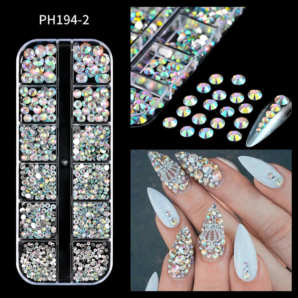 12Grids Ocean Gold Nail Art Charms Shell/Seahorse/Starfish White Half Round Pearl Gems 3D Mixed Punk Manicure Metal Rivets Studs