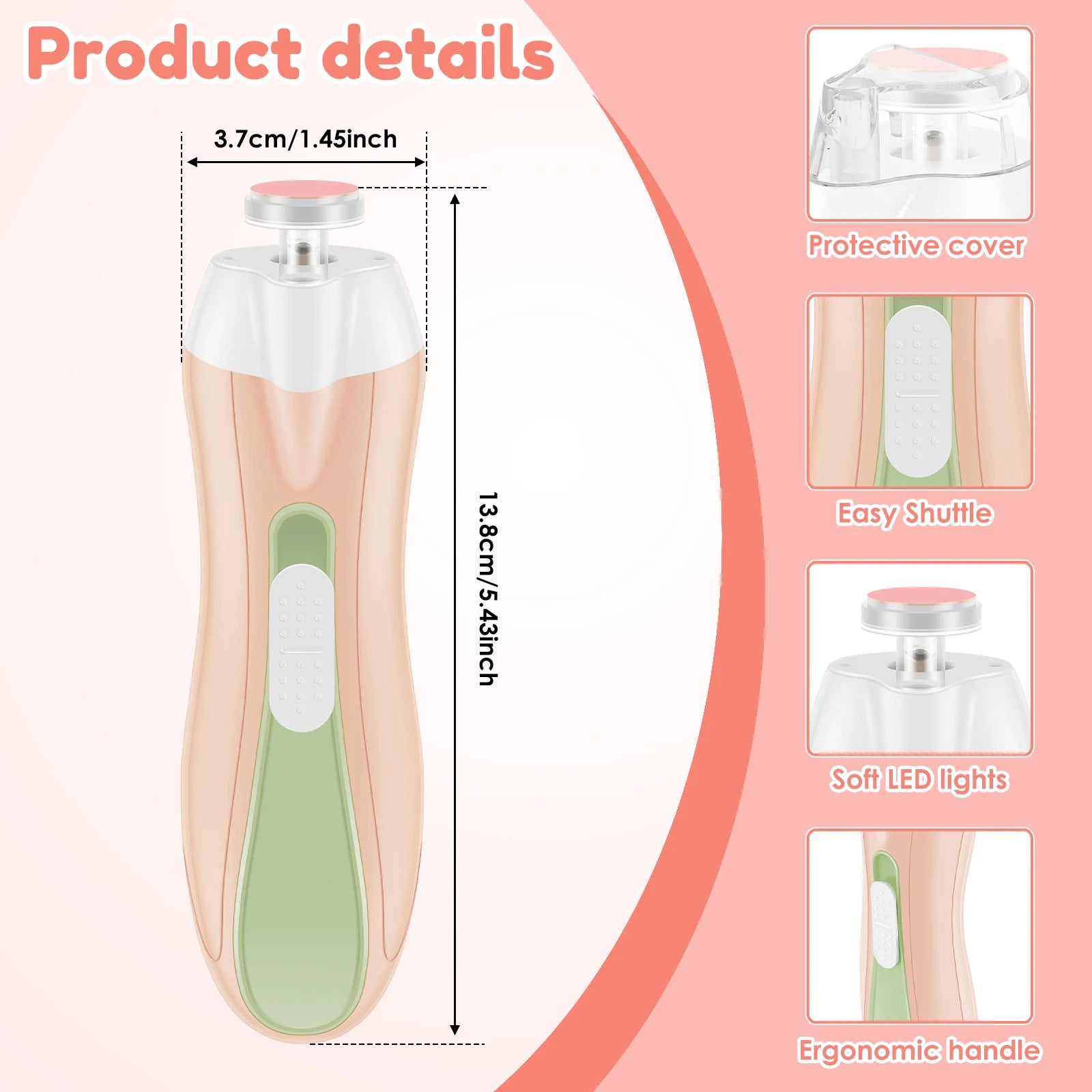 Electric Baby Nail File Lightweight USB Charging Baby Nail Clipper with LED Low Noise Stepless Speed Control Electric Nail File