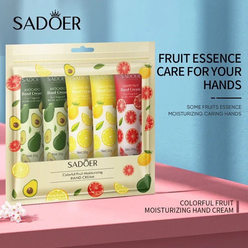 5Pcs/set SADOER Fruit Plant Fragrance Hand Cream Sets Moisturizing Repair Anti Dry Hand Lotion Sets Hands Skin Care Products