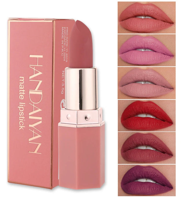 Handaiyan 6 Colors Matte Waterproof Velvet Nude Lipstick Sexy Red Brown Pigments Makeup Long Lasting Profissional