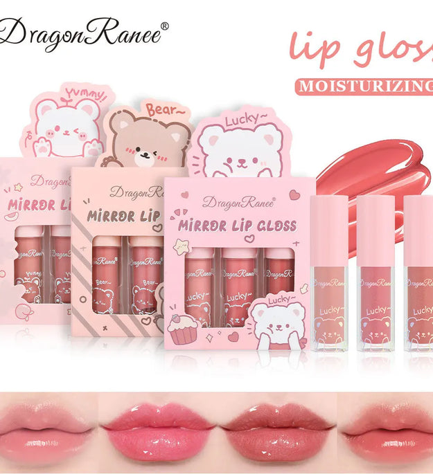 Dragon Ranee 3 colors doe lip glass hydrating mirror lip glaze moisturizing pearl with flash cartoon lip gloss set