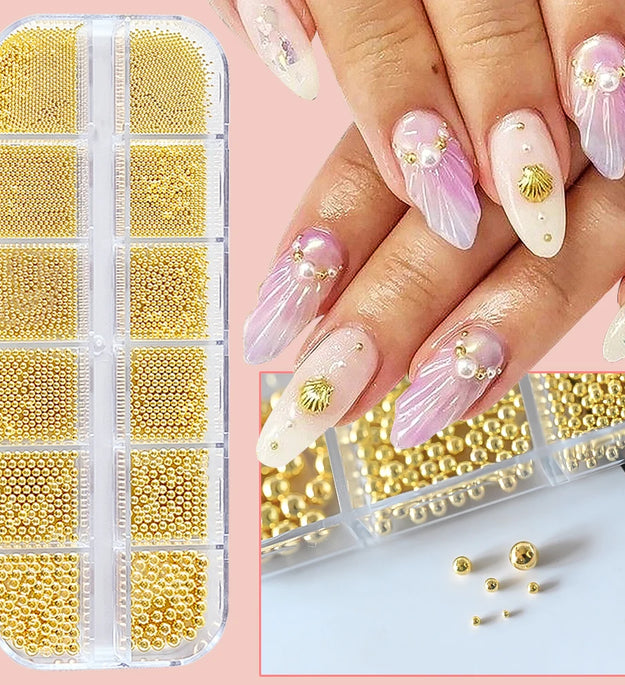 12Grid Gold/Silver Mini Caviar Beads Nail Art Decorations Metal Micro Balls Nail Charm with Magnetic Pen 3D Mini Caviar Nail Gem