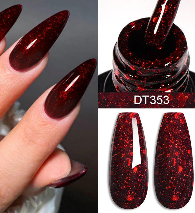 MEET ACROSS 7ml Red Gel Nail Polish Crystal Semi Permanent Soak Off UV Gel Varnish Nail Art Manicure Base Matte Top Coat Vernis