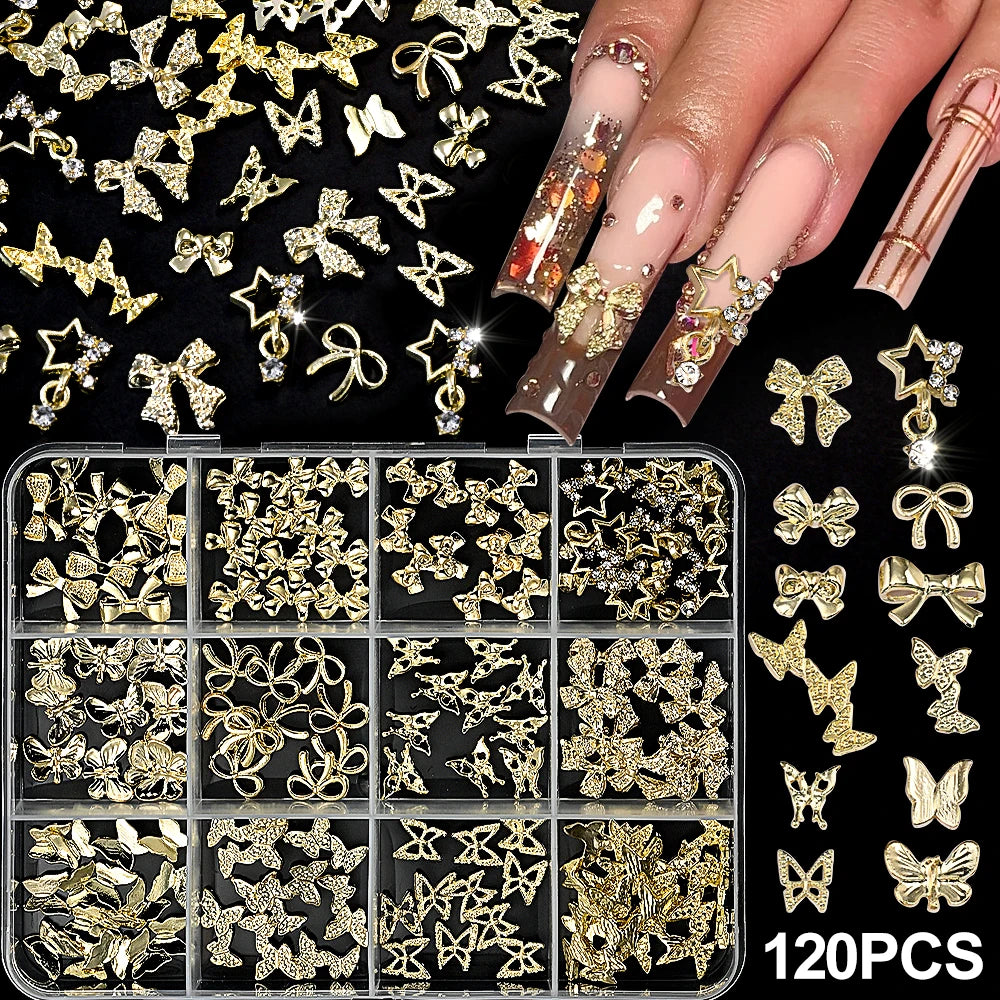 120pcs/box 3D Gold Bow Butterfly Nail Metal Charms Shiny Cute Bowtie/Diamond Star Nail Jewelry 120 Luxury Nail Art Supplies #RE4