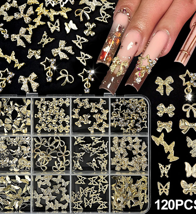 120pcs/box 3D Gold Bow Butterfly Nail Metal Charms Shiny Cute Bowtie/Diamond Star Nail Jewelry 120 Luxury Nail Art Supplies #RE4