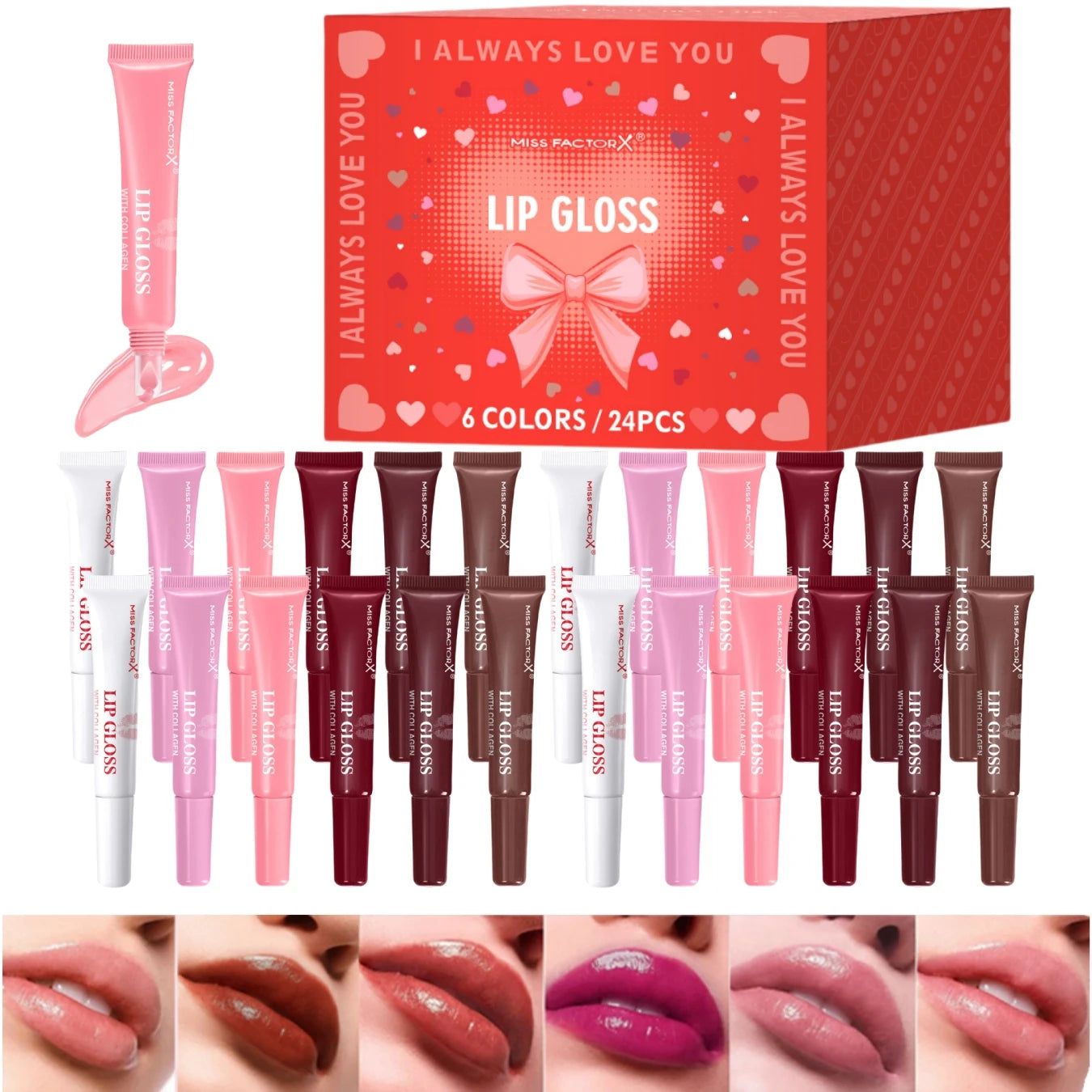 Premium gift set 24PCS/box Lip gloss set Long-lasting moisturizing Lip color modification Perfect gift for women Valentine’s Day
