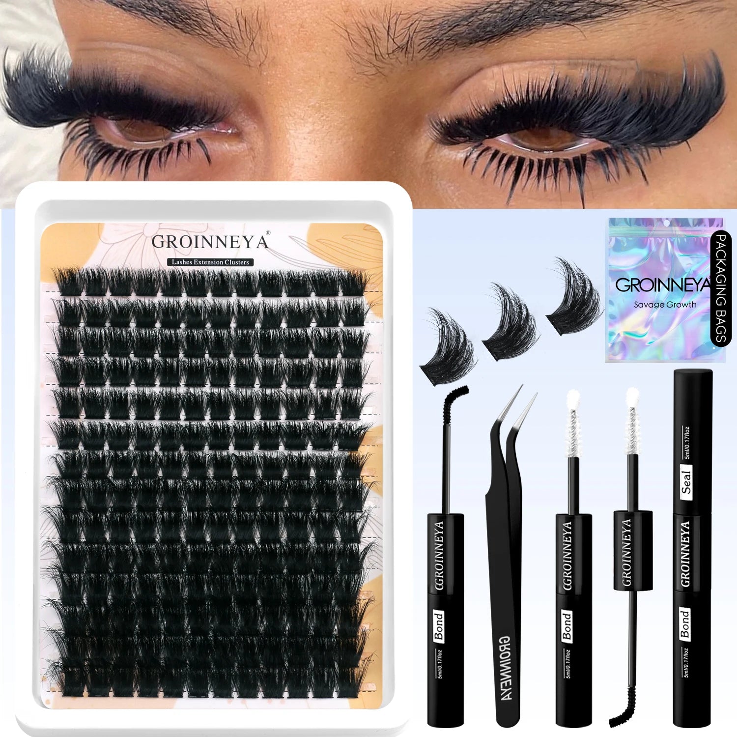 GROINNEYA Lash Clusters Kit With Waterproof Strong Hold DIY Lash Extension Kit Lash Bond And Seal And Eyelash Tweezers Makeup