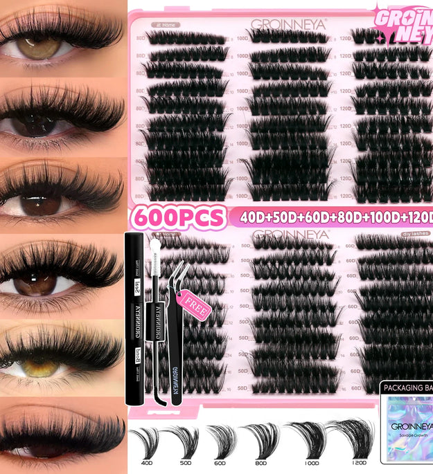 GROINNEYA Lash Clusters Kit Cat Lashes with Lash Bond & Seal Wispy Cluster Eyelash Clusters Kit DIY Eyelash Extensions at Home