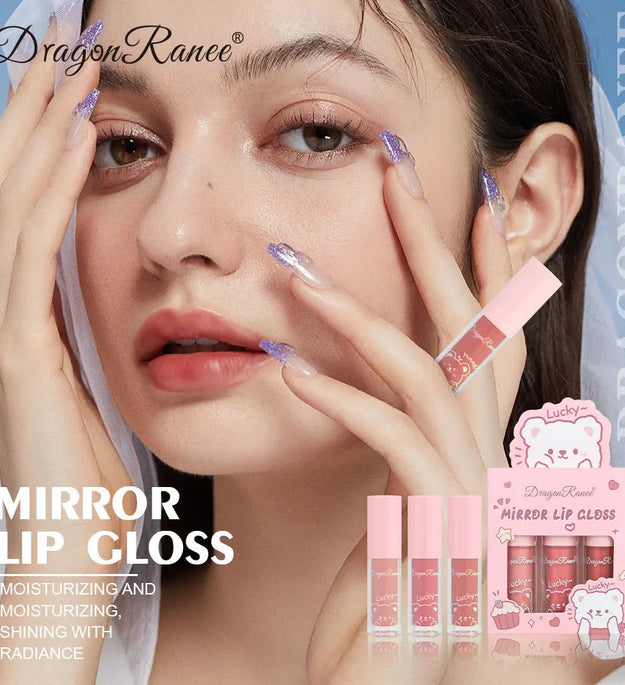 Dragon Ranee 3 colors doe lip glass hydrating mirror lip glaze moisturizing pearl with flash cartoon lip gloss set