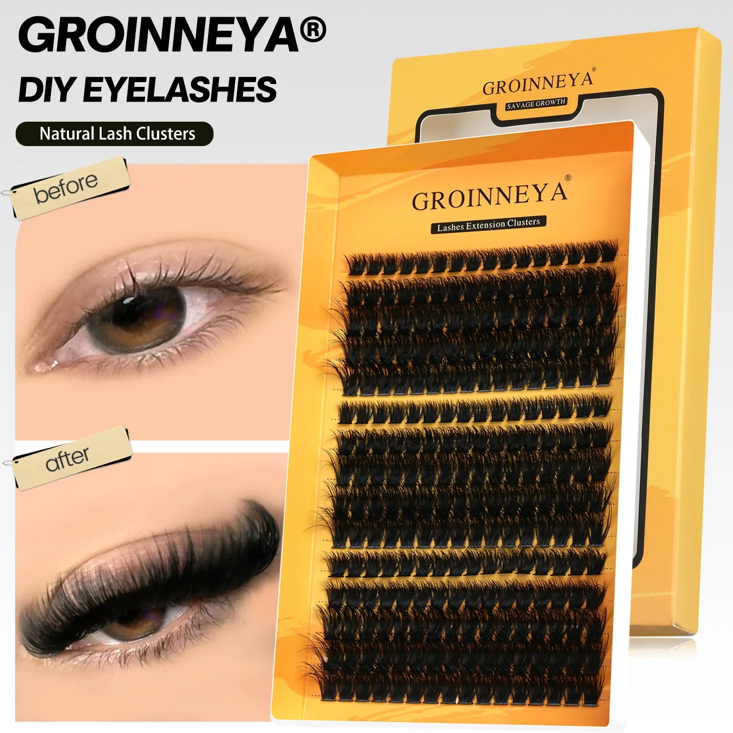 GROINNEYA Cluster Lashes DIY Eyelash Extension C Curl Long Individual Lashes Mixed Tray Faux Mink Lash Clusters Extensions