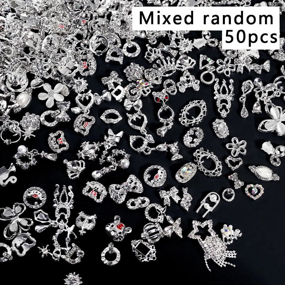 50Pcs 3D Silver Bowknot/Crown Metal Nail Charms With Tassel Pendant Butterfly Nail Art Decoration Mixed Shiny Manicure Supplies
