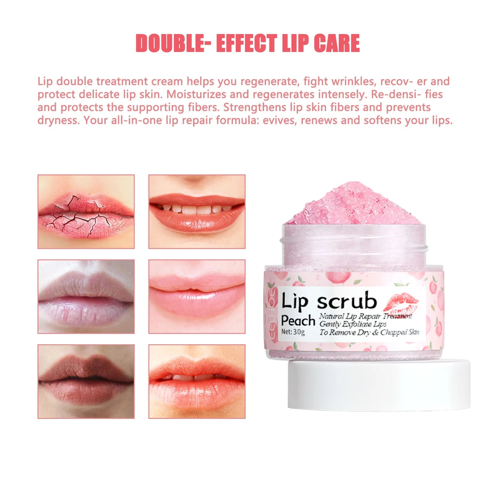 Peach Lip Scrub, Hydrating & Exfoliating Lip Care, Gently Smooths Lip Lines for Soft Skin