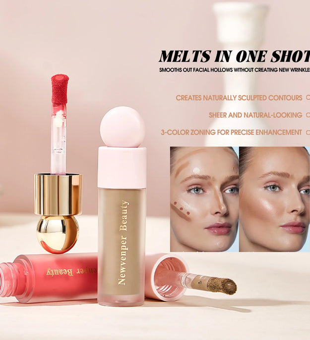 Liquid Highlighter+Blush+Contour Stick Set for Face & Body Silky Natural Glow Liquid Luminizer Matte Pink Shadow Face Makeup