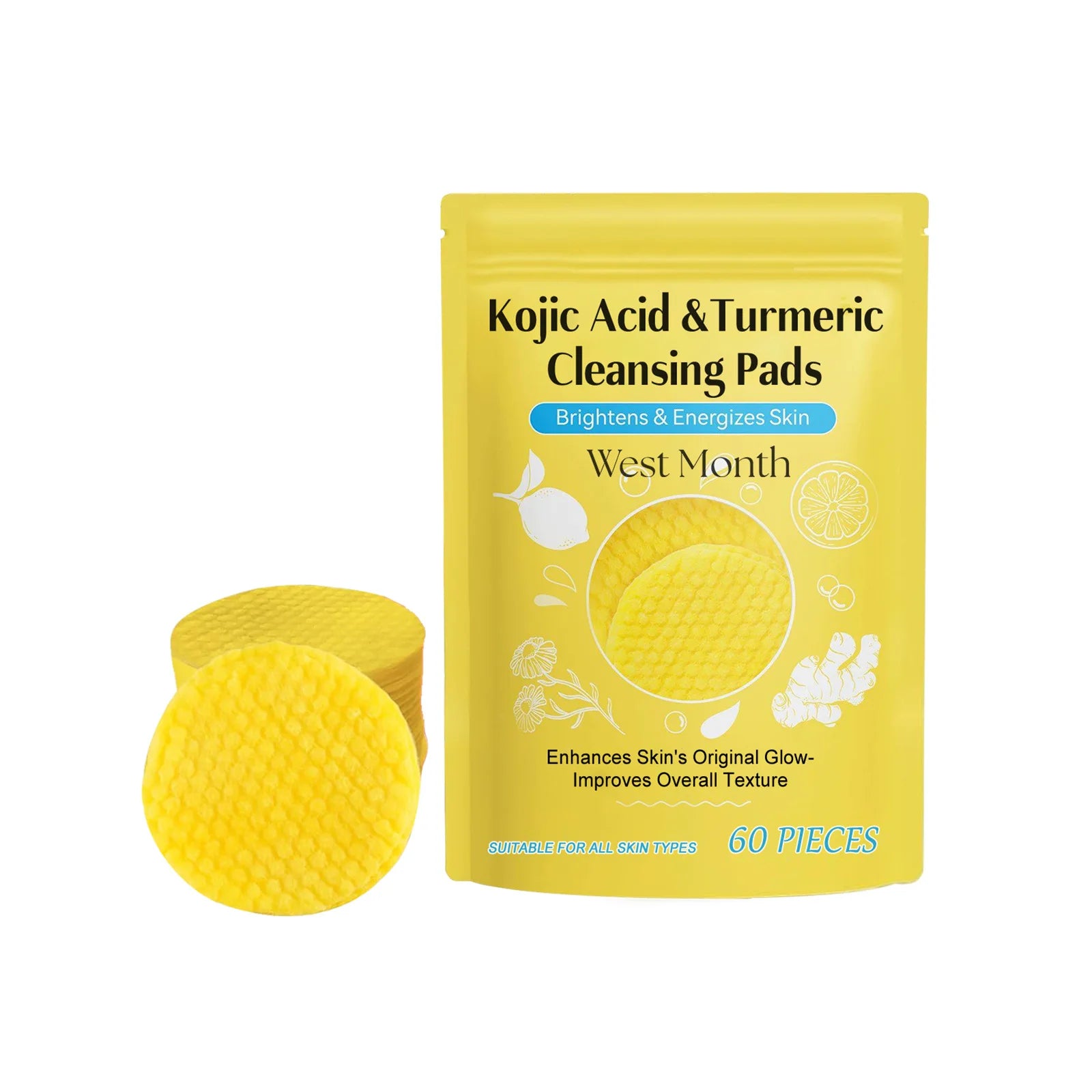 Turmeric Kojic Acid Cleansing Pads Exfoliating Remove Dead Skin Acne Fade Melanin Oil Control Nourish Glow Facial Wash Sponges
