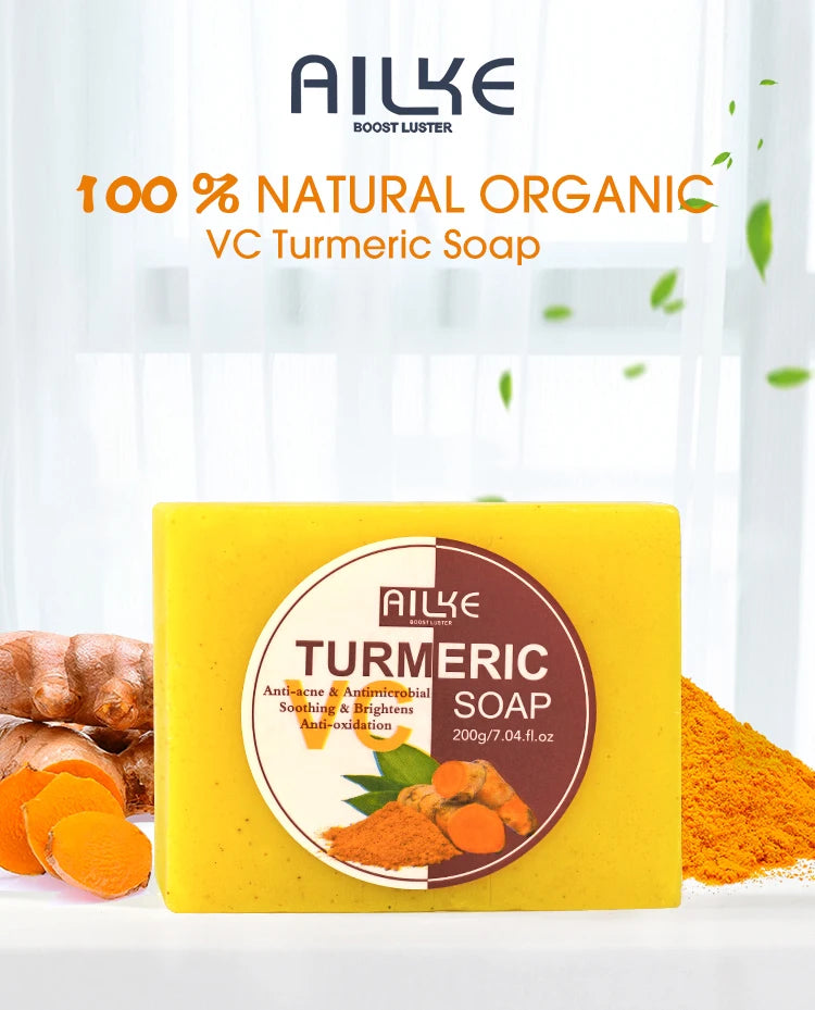 AILKE Natural Turmeric Soap for Face & Body, Whitening, Clean Stains, Even Skin Tone, Remove Acne, Age Spot, Black Spot, 200g