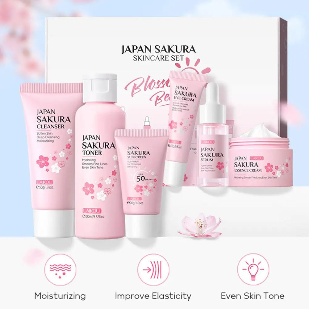 6pcs/Set Sakura Skin Care Sets Face Cream Serum Toner Facial Cleanser Sunscreen Eye Cream Face Skin Care Set Product Gift box - BlissFully