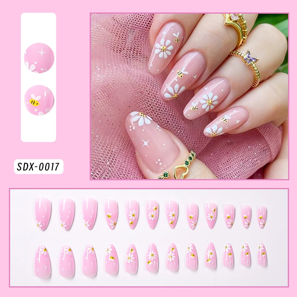 24Pcs Short Square Coffin False Nails French Glitter Wearable Fake Nails Acrylic Full Cover Women Ballet Press on Nails Tips