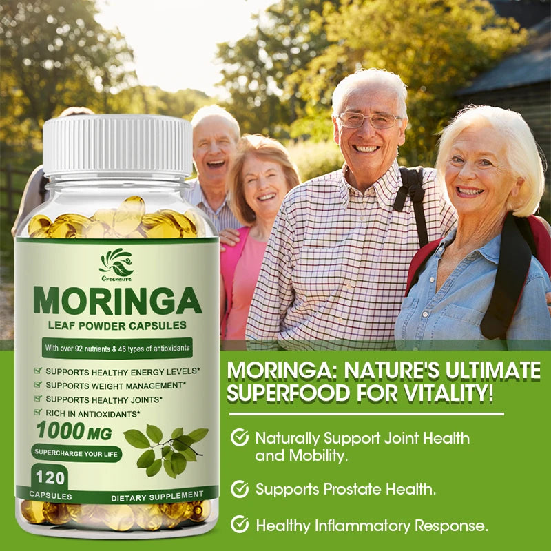 Greensure Moringa Oleifera 1000 mg Capsules Extra Potency 50:1 Extract Energizing Antioxidant, 60/120 Vegetarian Capsules