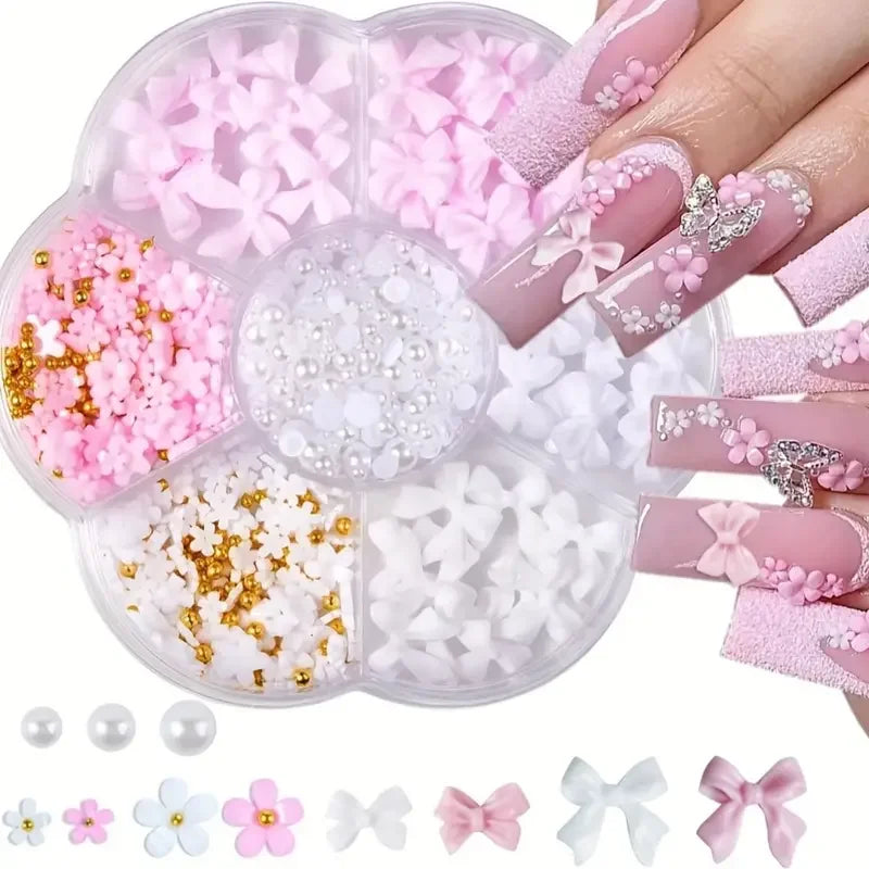 6/7/12 grids 3D Nail Charms and Pearls  Bows Charm Pink&White Star Heart Moon Cute Nail Jewels for Nail Art DIY Decorations