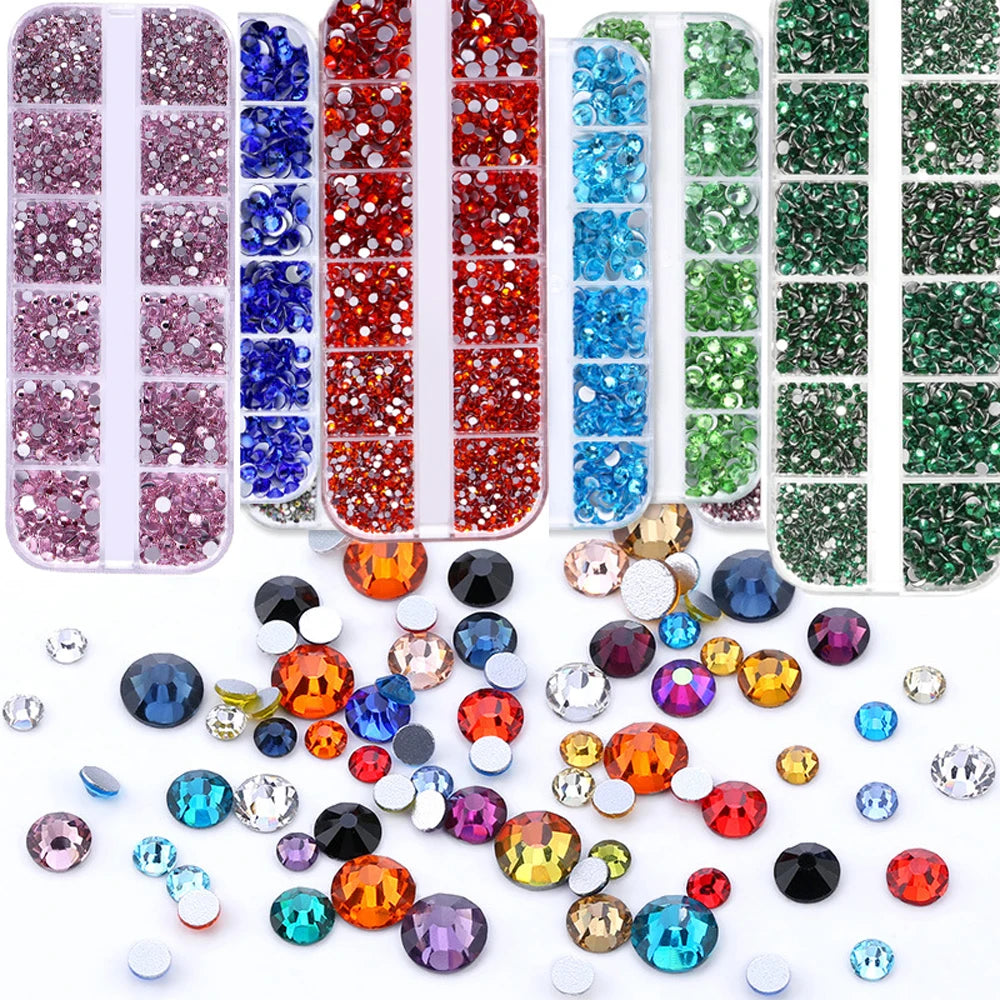 2400pcs+ Shiny Clear Crystal Gems Nail Rhinestones 1.5-4mm Mixed Round Glass Stone Flatback Nail Charms 12grids Nail Diamond DIY