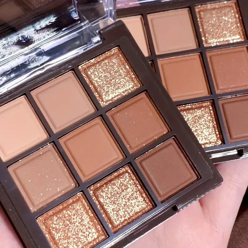 Chocolate eyeshadow Palette - 9 shades of natural brown & gold, with glitter & matte effects, lasting eye makeup, Korean makeup