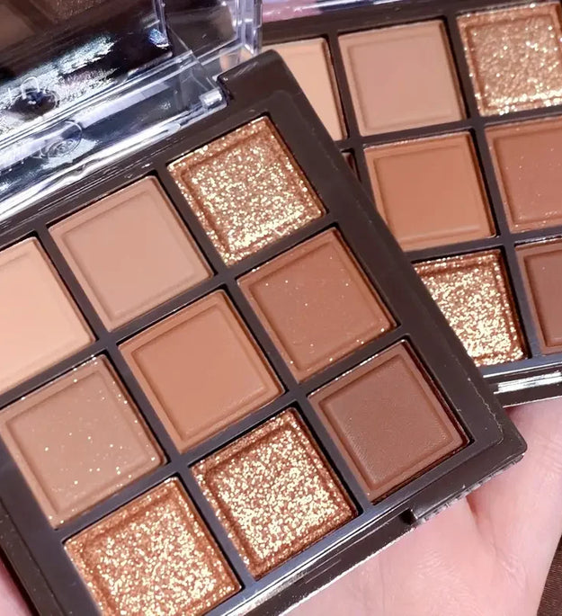 Chocolate eyeshadow Palette - 9 shades of natural brown & gold, with glitter & matte effects, lasting eye makeup, Korean makeup