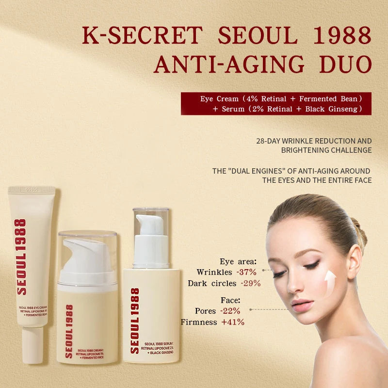 Seoul 1988 Anti-Aging Trio: 4% Retinal Eye Cream + 2% Retinal Serum w/ Black Ginseng for Wrinkles & Brightening,Korean Skincare - BlissFully