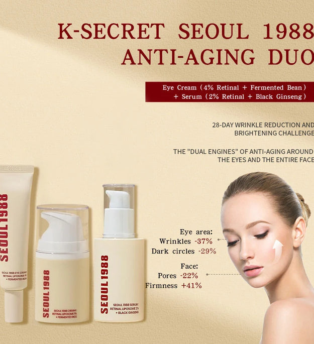 Seoul 1988 Anti-Aging Trio: 4% Retinal Eye Cream + 2% Retinal Serum w/ Black Ginseng for Wrinkles & Brightening,Korean Skincare - BlissFully