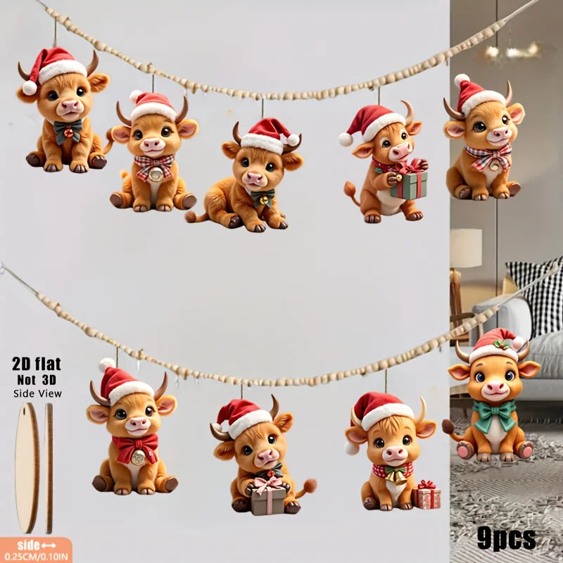 9pcs Wooden Highland Cow Christmas Tree Decoratio with Expressive Eyes and Wear Red and White Bells Xmas Hat 2D Festival Pendant