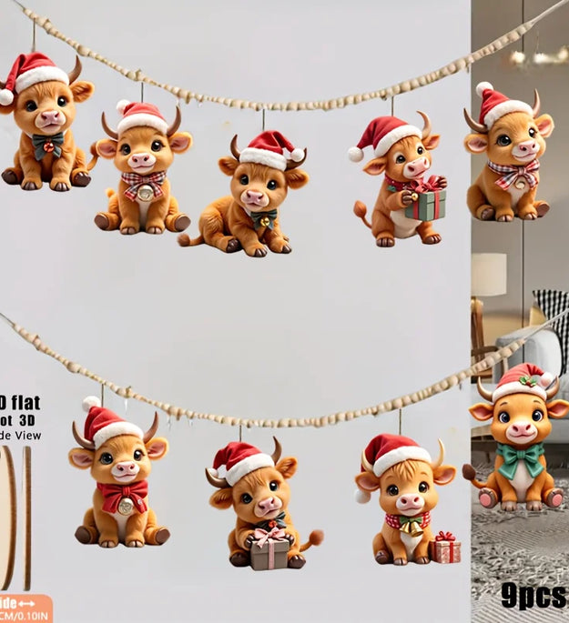 9pcs Wooden Highland Cow Christmas Tree Decoratio with Expressive Eyes and Wear Red and White Bells Xmas Hat 2D Festival Pendant