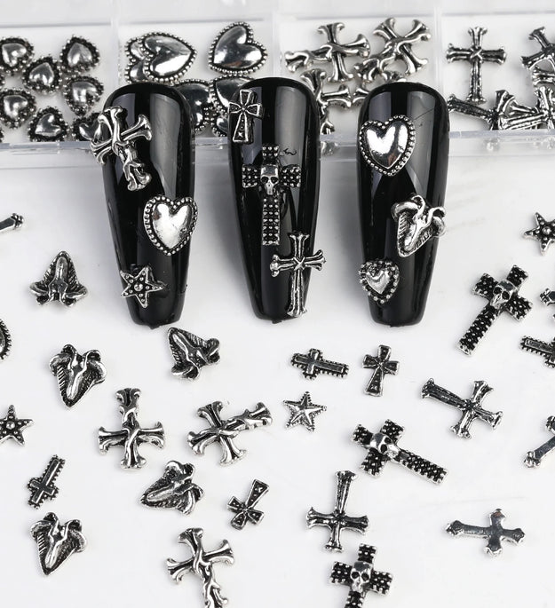 12 Gothic Punk Retro Dark Nail Jewellery 3D Cross Heart Devil Angel Nail Rhinestone Accessories DIY Glamour Nail Decoration