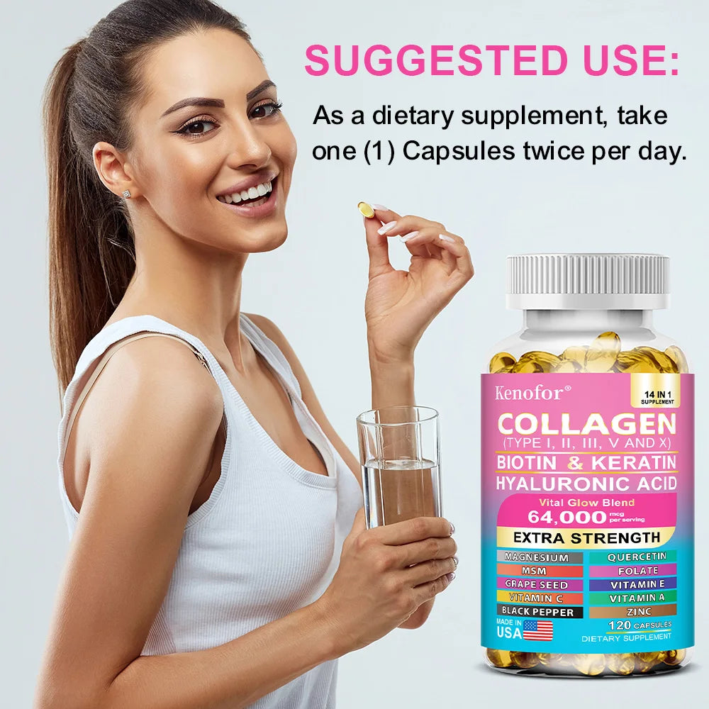 Kenofor Collagen 1000mg with Biotin 10,000mcg, Keratin Hyaluronic Acid Vitamin C Healthy Formula Dietary Supplement Gluten Free