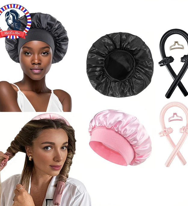 No Heat Hair Curler And Satin Sleeping Cap Set Heatless Hair Curling Headband Hair Claw Clip Hair Rings Soft Sleeping Hat Salon